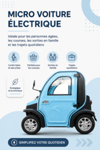 Une mini voiture électrique stationnée dans un cadre urbain, adaptée aux seniors.