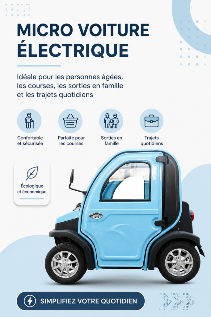Une mini voiture électrique stationnée dans un cadre urbain, adaptée aux seniors.