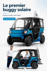 Image d'un buggy solaire moderne en pleine nature, soulignant l'innovation écologique.