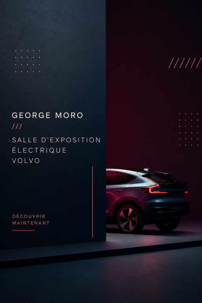 Visiteurs explorant le showroom électrique Volvo chez George Moro, entourés de modèles de voitures écologiques.