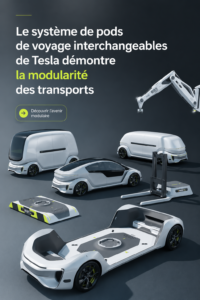 Un véhicule Tesla avec un système modulaire à l'image d'une ville futuriste.