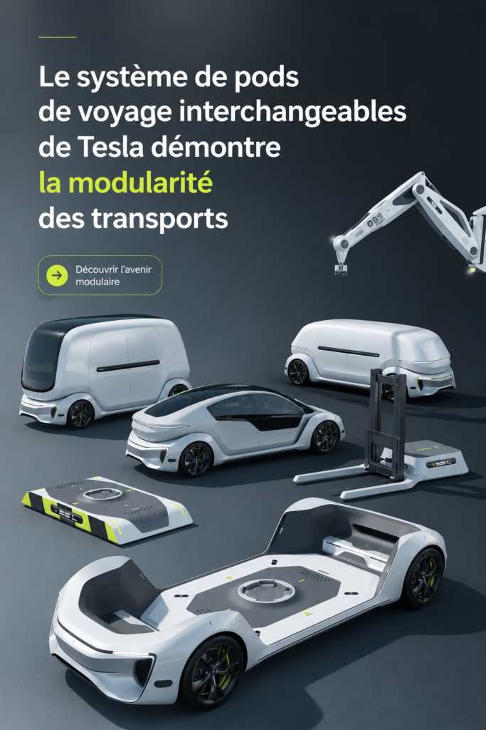 Un véhicule Tesla avec un système modulaire à l'image d'une ville futuriste.