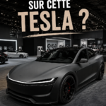 Image d'une Tesla moderne sur un chemin verdoyant avec un ciel dégagé.
