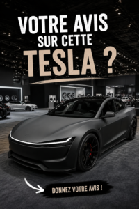 Image d'une Tesla moderne sur un chemin verdoyant avec un ciel dégagé.