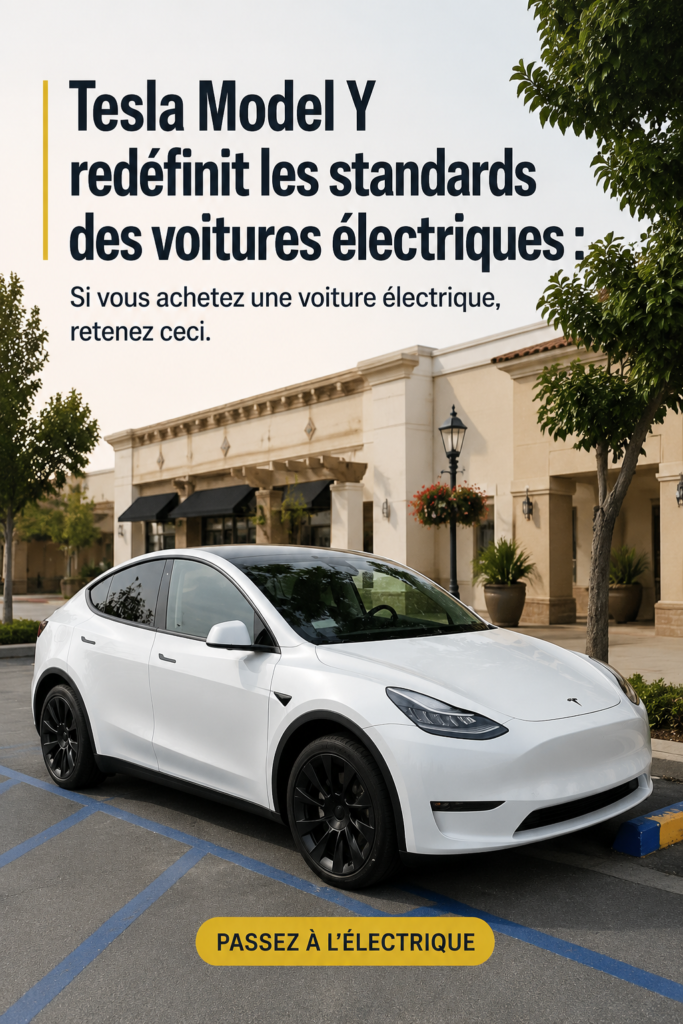 Une Tesla Model Y stationnée dans un cadre urbain moderne, illustrant son design chic.