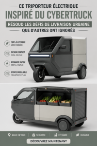 Triporteur électrique moderne inspiré du Cybertruck dans un environnement urbain