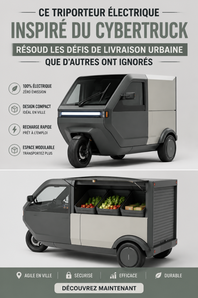 Triporteur électrique moderne inspiré du Cybertruck dans un environnement urbain