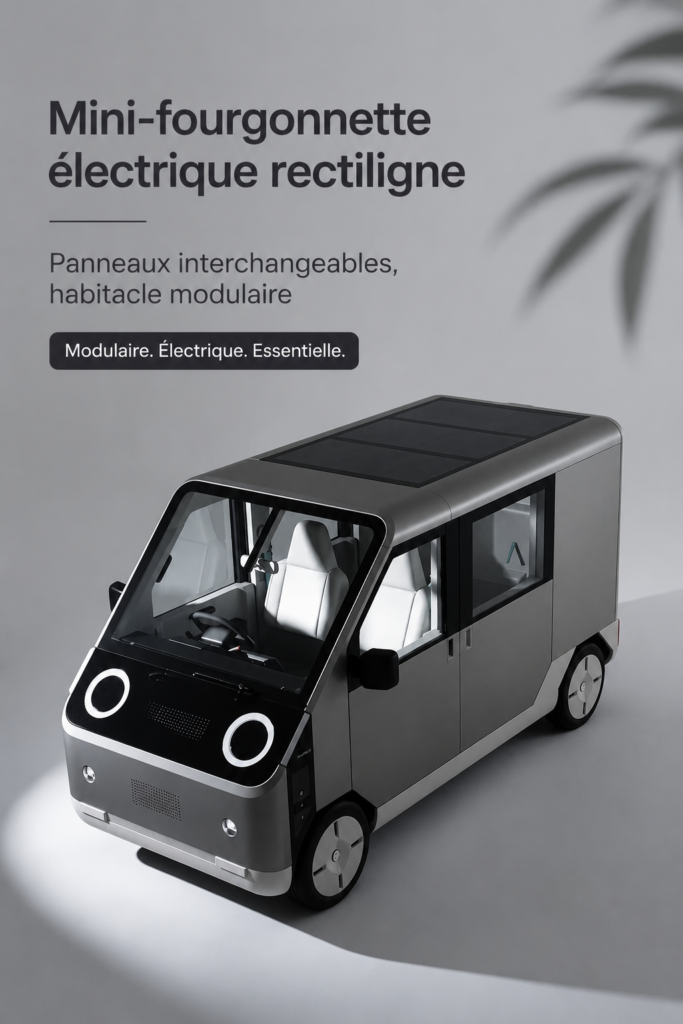 Un van électrique avec design moderne et panneaux interchangeables sur une route panoramique.