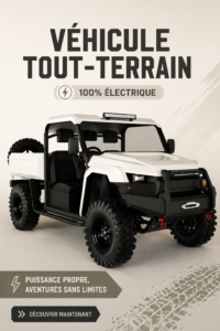 Un véhicule électrique tout-terrain sur une route en pleine nature, montrant son potentiel d'aventure.