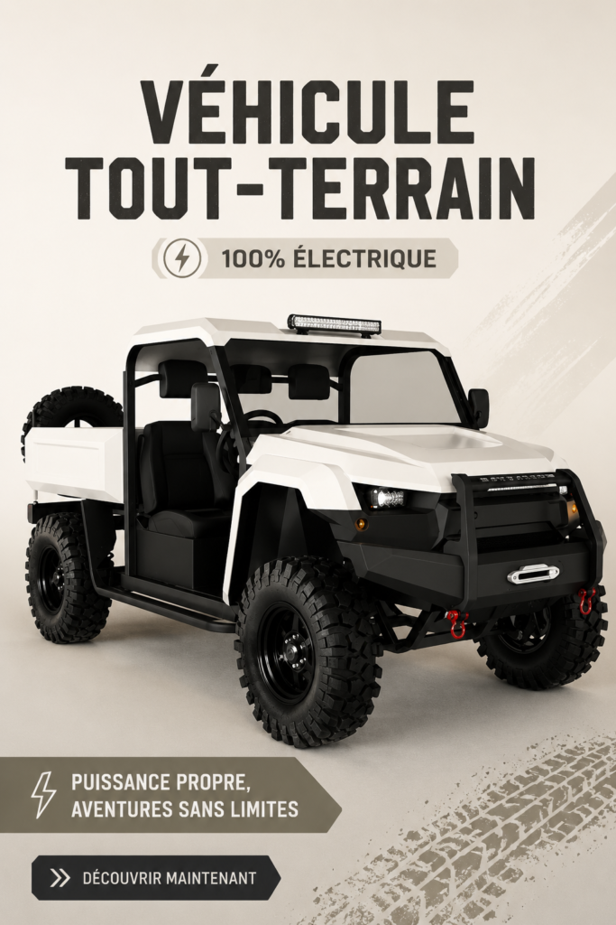 Un véhicule électrique tout-terrain sur une route en pleine nature, montrant son potentiel d'aventure.