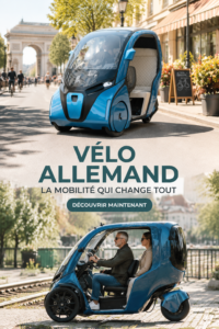 Image d'un vélo hybride allemand sur une route en pleine nature, symbolisant la fusion entre efficacité et écologie.