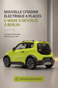 Vue latérale de la e-wave X, une voiture électrique compacte 4 places.