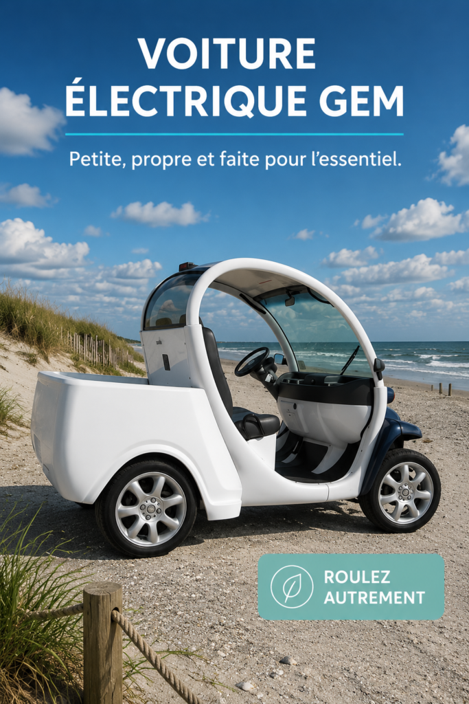 Image d'une voiture électrique GEM circulant dans un environnement urbain.