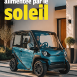 Voiture compacte solaire en pleine nature, illustrant une mobilité durable.