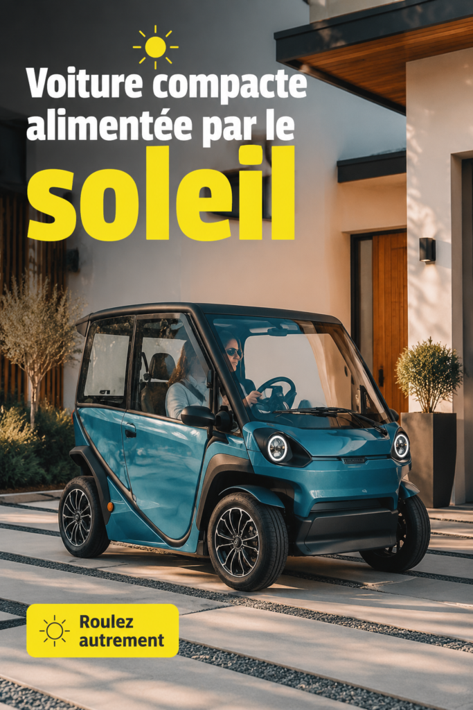 Voiture compacte solaire en pleine nature, illustrant une mobilité durable.