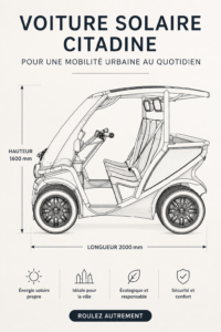 Voiture solaire moderne garée dans une rue urbaine, symbole de mobilité écologique.