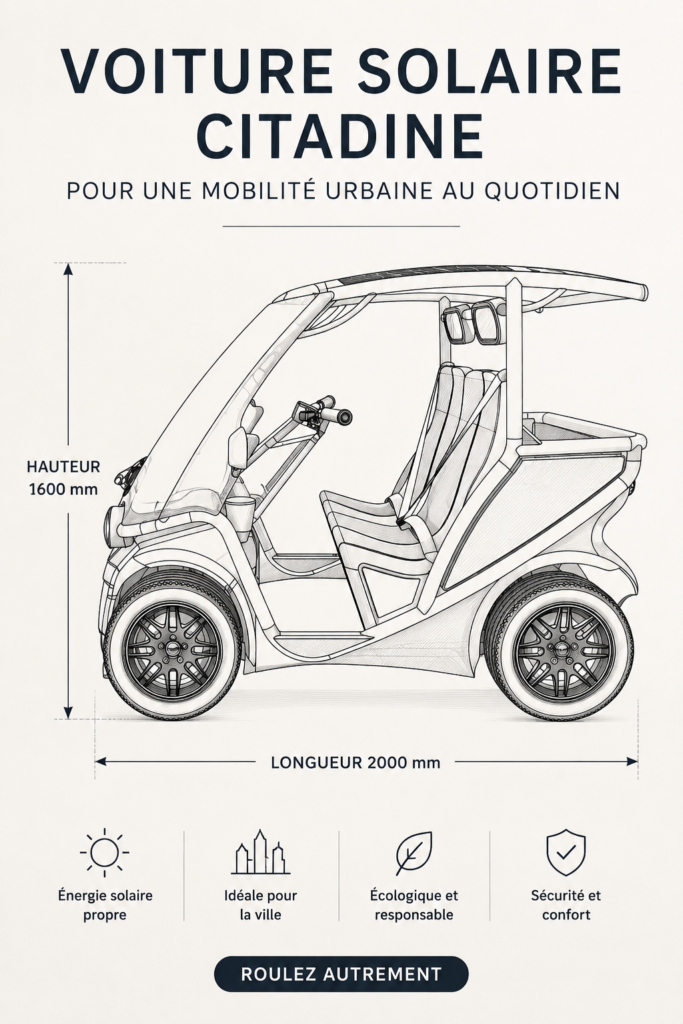 Voiture solaire moderne garée dans une rue urbaine, symbole de mobilité écologique.