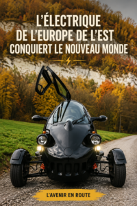 Voiture électrique stylée d'Europe de l'Est stationnée dans un paysage urbain moderne.