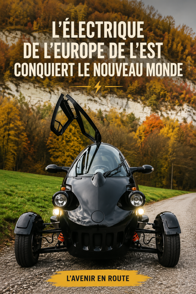 Voiture électrique stylée d'Europe de l'Est stationnée dans un paysage urbain moderne.