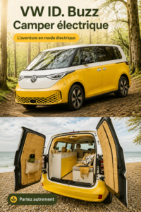 VW ID. Buzz stationné dans un paysage naturel, un van électrique élégant et moderne