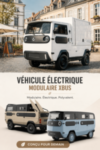 XBUS, un véhicule électrique modulable sur une route entourée de nature.