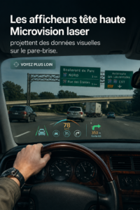 Affichage tête haute laser dans une voiture électrique projetant des données sur le pare-brise.
