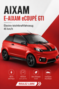 Aixam E-Aixam eCOUPÉ GTI électrique garée dans un environnement urbain, soulignant son design moderne.