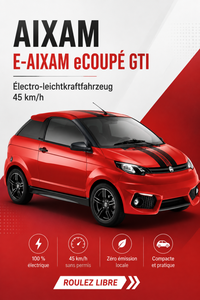 Aixam E-Aixam eCOUPÉ GTI électrique garée dans un environnement urbain, soulignant son design moderne.