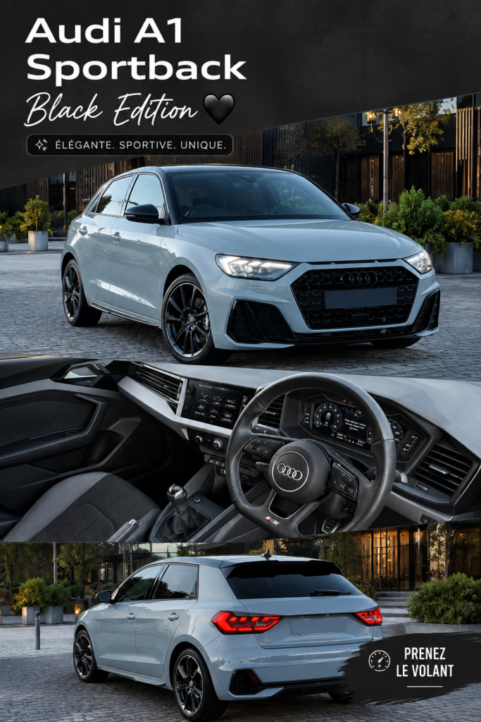 Audi A1 Sportback Black Edition garée dans un paysage urbain moderne