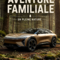 Une famille heureuse partant à l'aventure dans un SUV électrique.