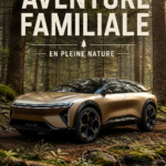 Une famille heureuse partant à l'aventure dans un SUV électrique.