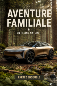 Une famille heureuse partant à l'aventure dans un SUV électrique.