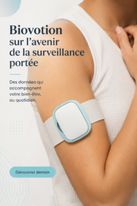 Un dispositif Biovotion de suivi de la santé sur un poignet féminin, symbolisant les innovations de santé connectée.