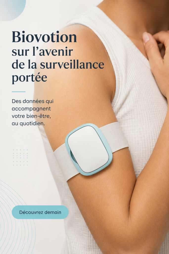 Un dispositif Biovotion de suivi de la santé sur un poignet féminin, symbolisant les innovations de santé connectée.