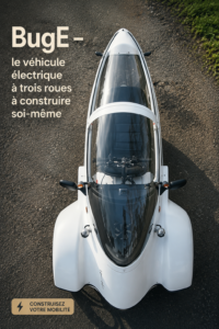 Image d'un véhicule électrique BugE à trois roues, esthétique et ergonomique.