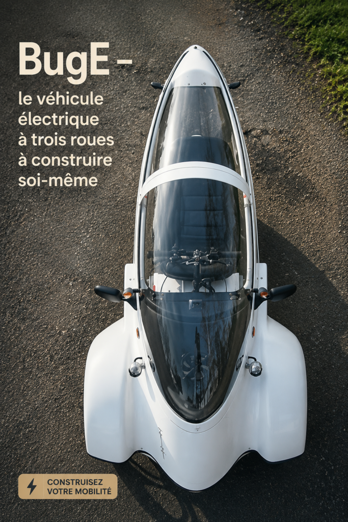 Image d'un véhicule électrique BugE à trois roues, esthétique et ergonomique.