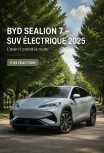 Vue d'ensemble du SUV électrique BYD Sealion 7 sur fond naturel.