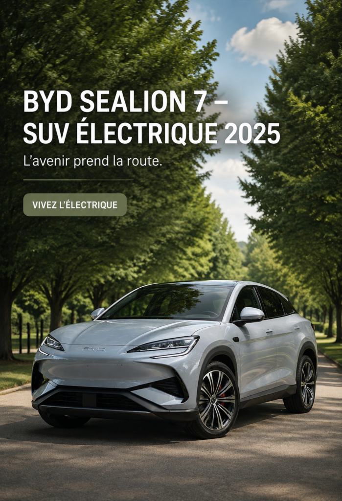 Vue d'ensemble du SUV électrique BYD Sealion 7 sur fond naturel.