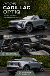Vue avant de la Cadillac Optiq 2025, soulignant son design futuriste et innovant, une voiture électrique moderne.