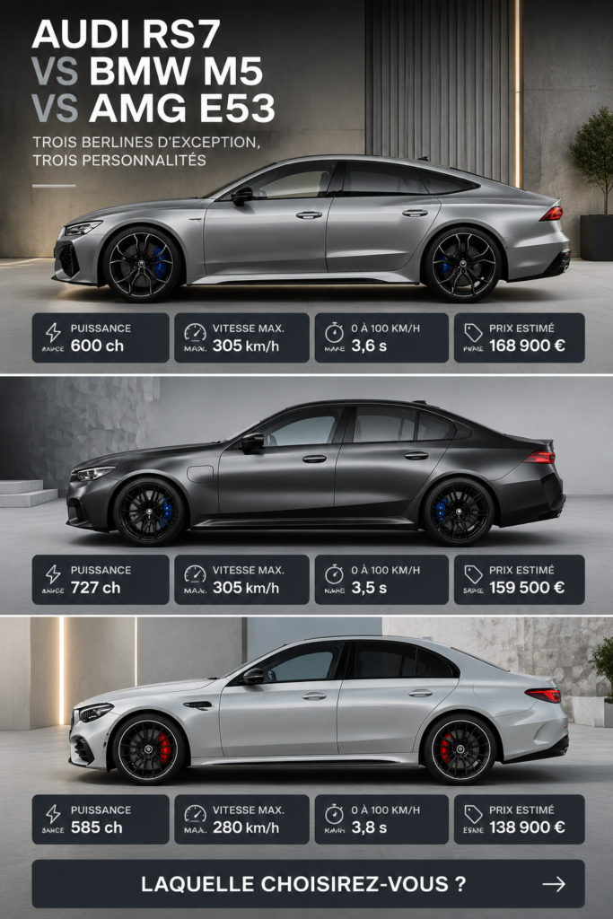 Comparatif design Audi RS7, BMW M5 et AMG E53 avec une vue d'ensemble des trois berlines sportives.