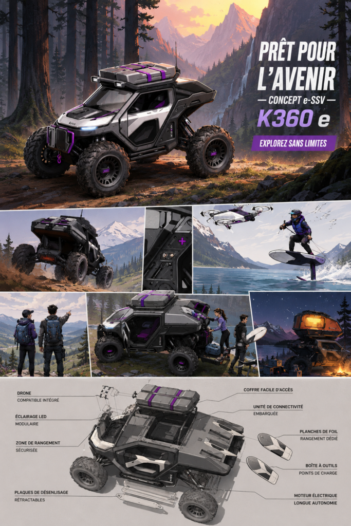 Concept K360® e-SSV sur route, illustrant son design futuriste et ses caractéristiques innovantes.