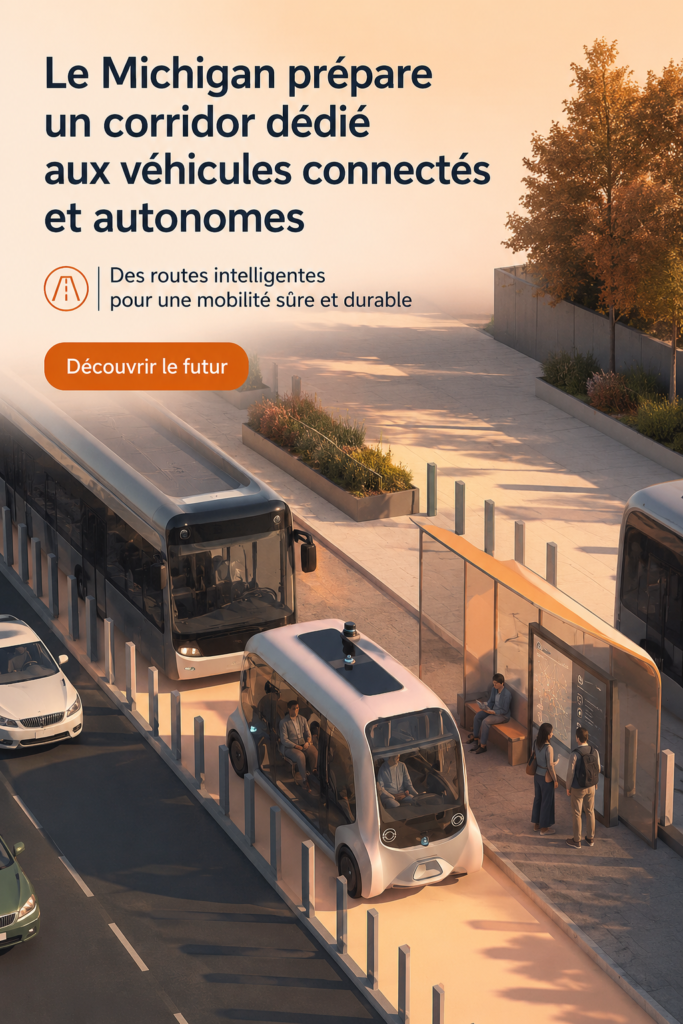 Illustration du corridor pour véhicules autonomes au Michigan, représentant des voitures connectées sur une route moderne.