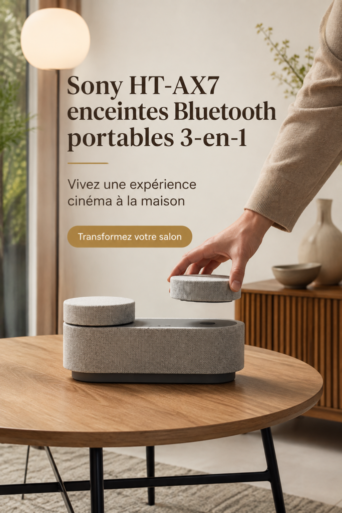 Enceinte Bluetooth portable décorée dans un salon moderne, prête à améliorer l'expérience de cinéma