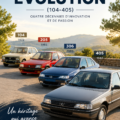 Illustration des anciens modèles de voitures Peugeot, symbolisant leur évolution de la 104 à la 405.