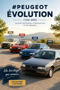 Illustration des anciens modèles de voitures Peugeot, symbolisant leur évolution de la 104 à la 405.