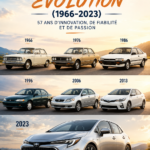 Une Toyota Corolla à travers les générations, symbolisant l'évolution automobile de 1966 à 2023.