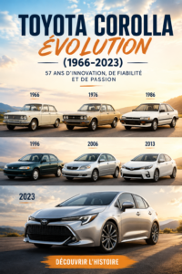 Une Toyota Corolla à travers les générations, symbolisant l'évolution automobile de 1966 à 2023.
