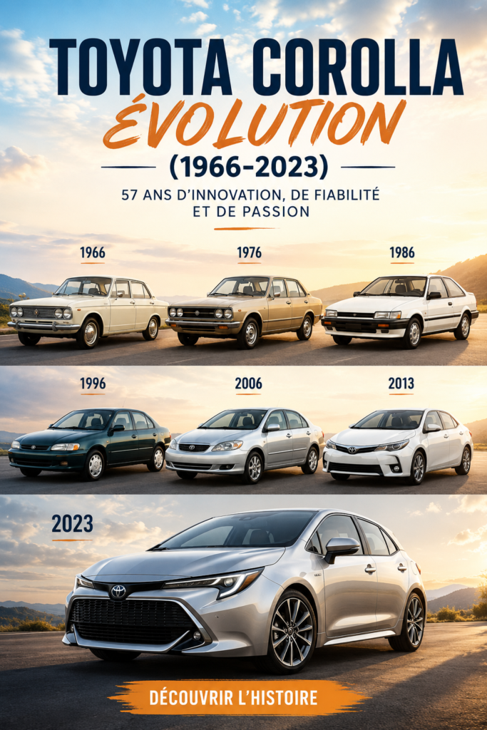 Une Toyota Corolla à travers les générations, symbolisant l'évolution automobile de 1966 à 2023.