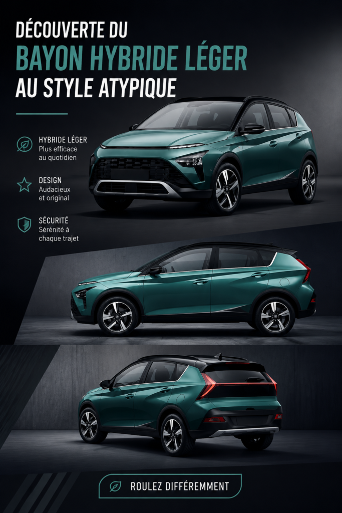 Hyundai Bayon Mild Hybrid en extérieur, montrant son design atypique et moderne.