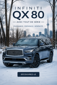 Vue latérale d'un INFINITI QX80 sur une route, mettant en avant son design élégant.